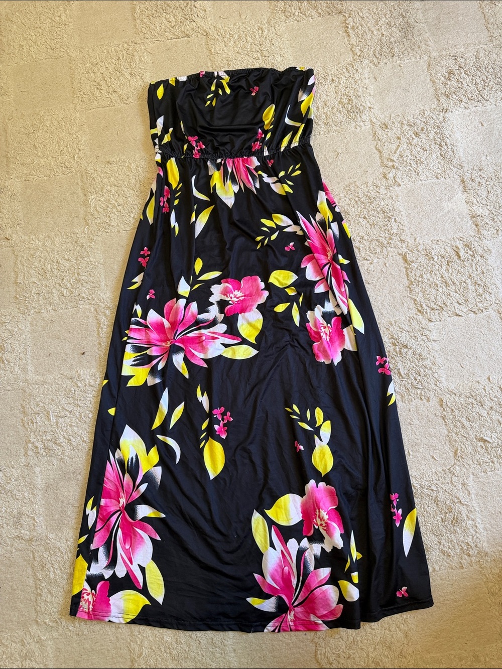 Black Strapless Floral Maxi Dress with Pink & Yellow Blooms